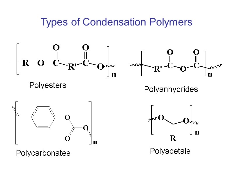 Types of Condensation Polymers Polyesters Polycarbonates Polyanhydrides Polyacetals